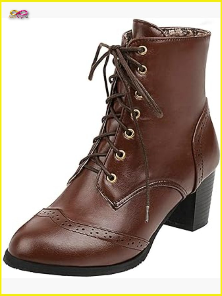Womens Wingtip Booties Chunky Heel Ankle Boots Lace Up Round Toe Vintage